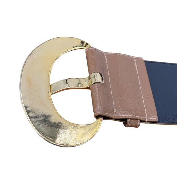 Magid Croco Embossed Wide Leather Belt Women's SZ M Brown Glam Retro Chic Party - Picture 7 of 10